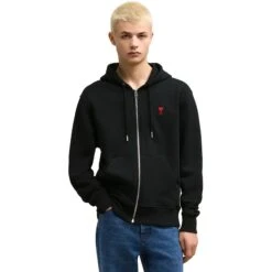 Ami Paris Ami De Coeur Cotton Black Zip-Up Hoodie 7 Ami Paris Ami De Coeur Cotton Black Zip-Up Hoodie -Creps Lockers ami paris ami de coeur cotton black zip up hoodie usw415747001 model front