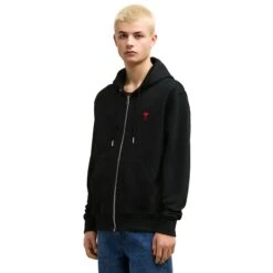 Ami Paris Ami De Coeur Cotton Black Zip-Up Hoodie 8 Ami Paris Ami De Coeur Cotton Black Zip-Up Hoodie -Creps Lockers ami paris ami de coeur cotton black zip up hoodie usw415747001 model side