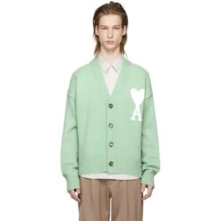 Ami Paris Ami De Coeur Green Cardigan -Creps Lockers ami paris ami de coeur green cardigan model front