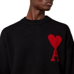 Ami Paris Red Ami De Coeur Logo Intarsia Off Black Sweatshirt -Creps Lockers ami paris red ami de coeur logo intarsia off black sweatshirt e22uks003016252 model detail