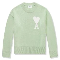 Ami Paris Red Ami De Coeur Logo Intarsia Off Green Sweatshirt