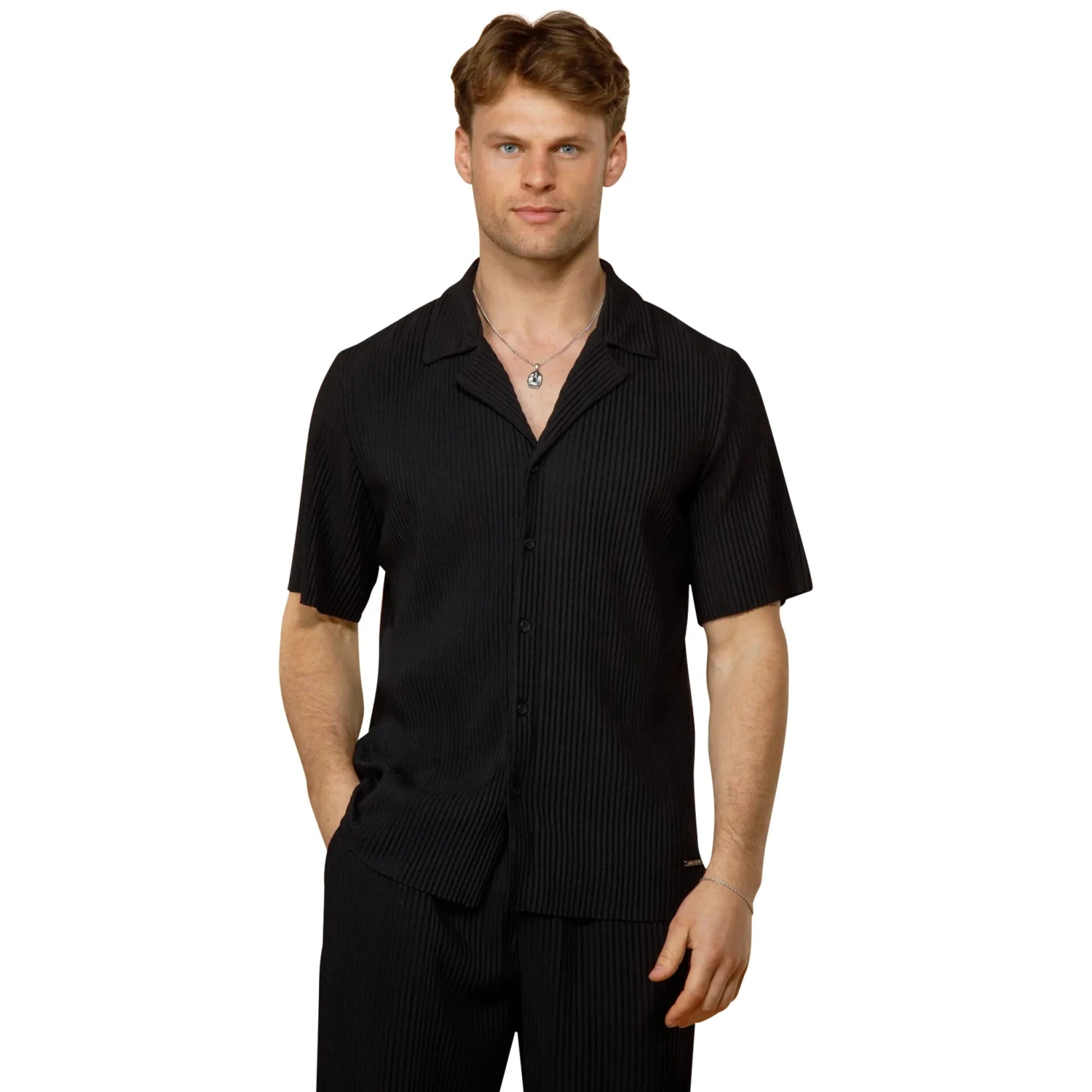 Belier Pleated Short Sleeve Black Resort Shirt 4 Belier Pleated Short Sleeve Black Resort Shirt - Image 4