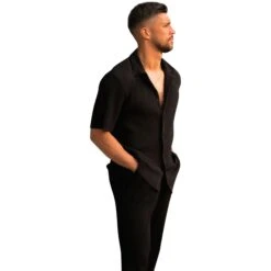 Belier Pleated Short Sleeve Black Resort Shirt 11 Belier Pleated Short Sleeve Black Resort Shirt -Creps Lockers belier pleated short sleeve black resort shirt bm 073 front side detail