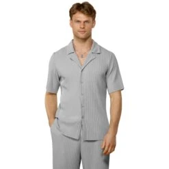 Belier Pleated Light Grey Resort Shirt & Shorts -Creps Lockers belier pleated short sleeve light grey resort shirt bm 073 front detail a86d852e cb3b 401b b793 3105af9a9deb