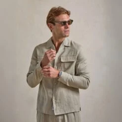 Belier Premium Oatmeal Linen Pocket Shirt -Creps Lockers belier premium oatmeal linen pocket shirt front model