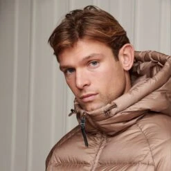 Belier Taupe Ripstop Down Filled Puffer Jacket -Creps Lockers belier taupe ripstop down filled puffer jacket detailed front