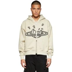Broken Planet Outer Space Bone White Zip-Up Hoodie -Creps Lockers broken planet bone white zip up hoodie modek male front