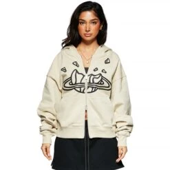 Broken Planet Outer Space Bone White Zip-Up Hoodie -Creps Lockers broken planet bone white zip up hoodie model front