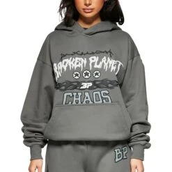 Broken Planet Chaos Gunmetal Grey Hoodie -Creps Lockers broken planet chaos gunmetal grey hoodie model front female