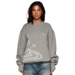 Broken Planet Heather Grey Planet Knit Sweatshirt -Creps Lockers broken planet heather grey planet knit sweatshirt bp kt sw h gray female model front