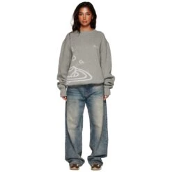 Broken Planet Heather Grey Planet Knit Sweatshirt -Creps Lockers broken planet heather grey planet knit sweatshirt bp kt sw h gray female model front full