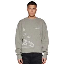 Broken Planet Heather Grey Planet Knit Sweatshirt -Creps Lockers broken planet heather grey planet knit sweatshirt bp kt sw h gray male model front