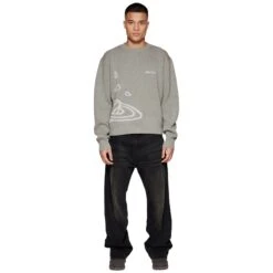 Broken Planet Heather Grey Planet Knit Sweatshirt -Creps Lockers broken planet heather grey planet knit sweatshirt bp kt sw h gray male model front full