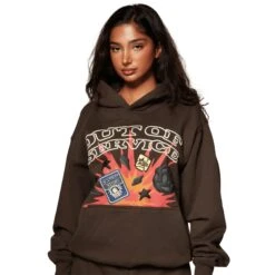 Broken Planet Out Of Service Mocha Brown Hoodie 11 Broken Planet Out Of Service Mocha Brown Hoodie -Creps Lockers broken planet out of service mocha brown hoodie model female front