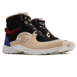 Chanel CC Logo Black Burgundy Blue Beige Suede High Sneaker - Preloved -Creps Lockers chanel cc logo black burgundy blue beige suede high sneaker preloved front side 2