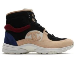 Chanel CC Logo Black Burgundy Blue Beige Suede High Sneaker - Preloved