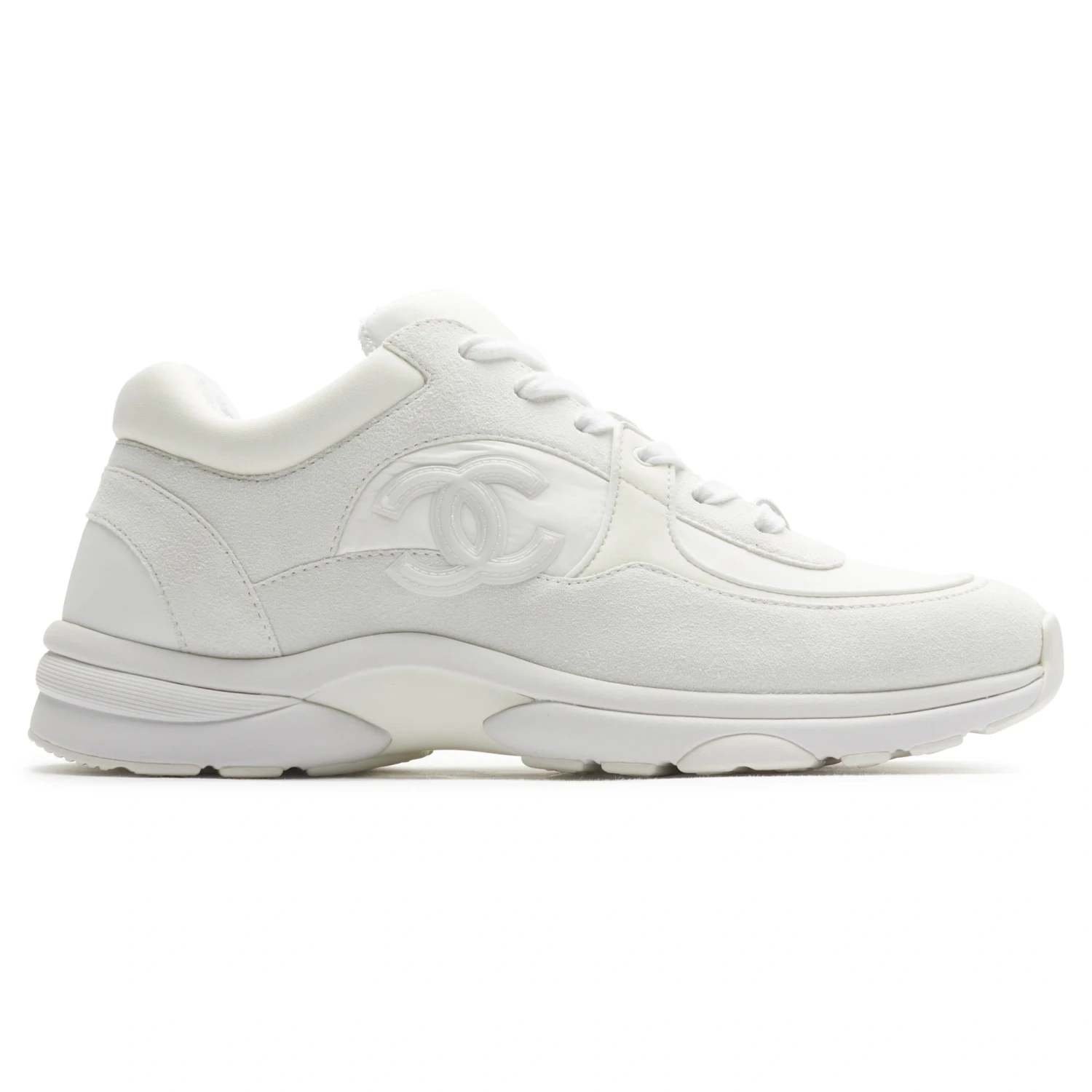 Chanel CC Logo Triple White Nylon Reflective Sneaker 1 Chanel CC Logo Triple White Nylon Reflective Sneaker