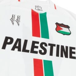 FC Palestina Palestine Red Green Stripe English White Football T Shirt -Creps Lockers fc palestina palestine red green stripe english white football t shirt front detail