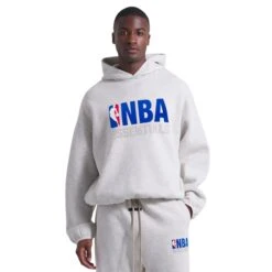 Fear Of God Essentials X NBA Light Heather Hoodie -Creps Lockers fear of god essentials x nba light heather hoodie 192al246400f model front