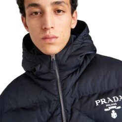 Prada Cropped Re-Nylon Blue Down Jacket -Creps Lockers prada cropped re nylon blue down jacket sgc114 1wq8 f0svf s 222 model detail