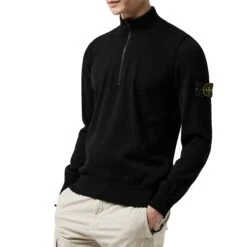 Stone Island Quarter Zip Black Knit Sweatshirt -Creps Lockers stone island quarter zip black knit sweatshirt k1s156100619s0051 logo