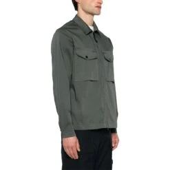 Stone Island Stretch Cotton Satin Dark Green Overshirt -Creps Lockers stone island stretch cotton satin dark green overshirt 801510812 model side