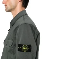 Stone Island Stretch Cotton Satin Dark Green Overshirt -Creps Lockers stone island stretch cotton satin dark green overshirt 801510812 side