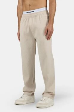 Troy Plissee Pants in Light Beige - Straight Fit Ribbed Trousers