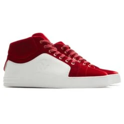 Chanel CC High White Red Velvet Sneaker - Preloved -Creps Lockers chanel cc high white red velvet sneaker preloved front side 1